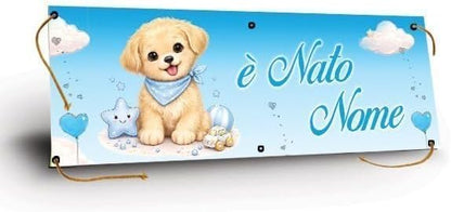 GLOBAL STRISCIONE FONDALE NASCITA - BAMBINO CON CAGNOLINO - STRISCIONE PERSONALIZZATO IN CARTA O IN BANNER PVC ANCHE DA ESTERNO GARANZIA 5 ANNI