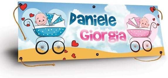 GLOBAL STRISCIONE FONDALE NASCITA -  GEMELLI CON CARROZZINA - STRISCIONE PERSONALIZZATO IN CARTA O IN BANNER PVC ANCHE DA ESTERNO GARANZIA 5 ANNI