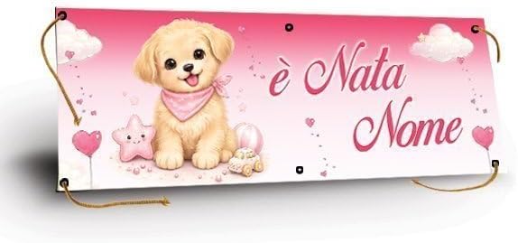 GLOBAL STRISCIONE FONDALE NASCITA - BAMBINA CON CAGNOLINO - STRISCIONE PERSONALIZZATO IN CARTA O IN BANNER PVC ANCHE DA ESTERNO GARANZIA 5 ANNI