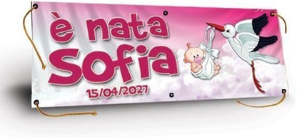 GLOBAL STRISCIONE FONDALE NASCITA - BAMBINA CON CICOGNA mod2 - STRISCIONE PERSONALIZZATO IN CARTA O IN BANNER PVC ANCHE DA ESTERNO GARANZIA 5 ANNI