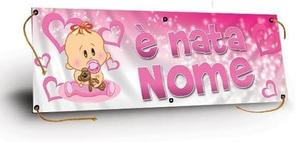 GLOBAL STRISCIONE FONDALE NASCITA - BAMBINA CON ORSETTO - STRISCIONE PERSONALIZZATO IN CARTA O IN BANNER PVC ANCHE DA ESTERNO GARANZIA 5 ANNI