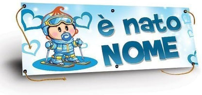 GLOBAL STRISCIONE FONDALE NASCITA -  BAMBINO CON SCI - STRISCIONE PERSONALIZZATO IN CARTA O IN BANNER PVC ANCHE DA ESTERNO GARANZIA 5 ANNI