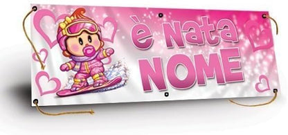 GLOBAL STRISCIONE FONDALE NASCITA - BAMBINA CON SNOWBOARD - STRISCIONE PERSONALIZZATO IN CARTA O IN BANNER PVC ANCHE DA ESTERNO GARANZIA 5 ANNI