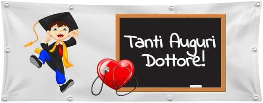 GLOBAL STRISCIONE FONDALE LAUREA - TANTI AUGURI DOTTORE - STRISCIONE PERSONALIZZATO IN CARTA O IN BANNER PVC ANCHE DA ESTERNO GARANZIA 5 ANNI