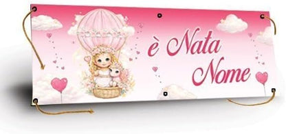 GLOBAL STRISCIONE FONDALE NASCITA - BAMBINA CON MONGOLFIERA - STRISCIONE PERSONALIZZATO IN CARTA O IN BANNER PVC ANCHE DA ESTERNO GARANZIA 5 ANNI