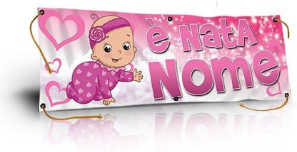 GLOBAL STRISCIONE FONDALE NASCITA - BAMBINA ROSA - STRISCIONE PERSONALIZZATO IN CARTA O IN BANNER PVC ANCHE DA ESTERNO GARANZIA 5 ANNI