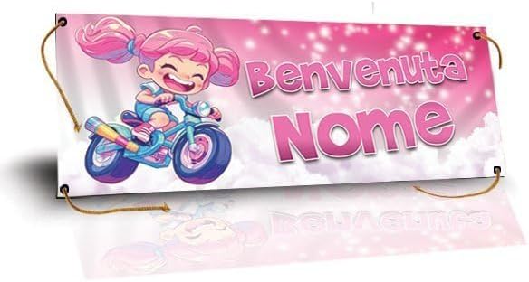 GLOBAL STRISCIONE FONDALE NASCITA - BAMBINA CON MOTO - STRISCIONE PERSONALIZZATO IN CARTA O IN BANNER PVC ANCHE DA ESTERNO GARANZIA 5 ANNI