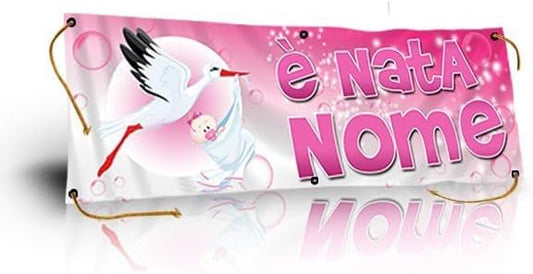 GLOBAL STRISCIONE FONDALE NASCITA - BAMBINA CON CICOGNA E LUNA - STRISCIONE PERSONALIZZATO IN CARTA O IN BANNER PVC ANCHE DA ESTERNO GARANZIA 5 ANNI