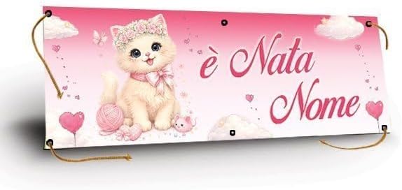GLOBAL STRISCIONE FONDALE NASCITA - BAMBINA CON GATTO - STRISCIONE PERSONALIZZATO IN CARTA O IN BANNER PVC ANCHE DA ESTERNO GARANZIA 5 ANNI
