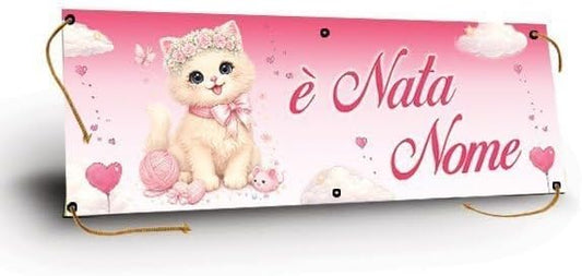 GLOBAL STRISCIONE FONDALE NASCITA - BAMBINA CON GATTO - STRISCIONE PERSONALIZZATO IN CARTA O IN BANNER PVC ANCHE DA ESTERNO GARANZIA 5 ANNI