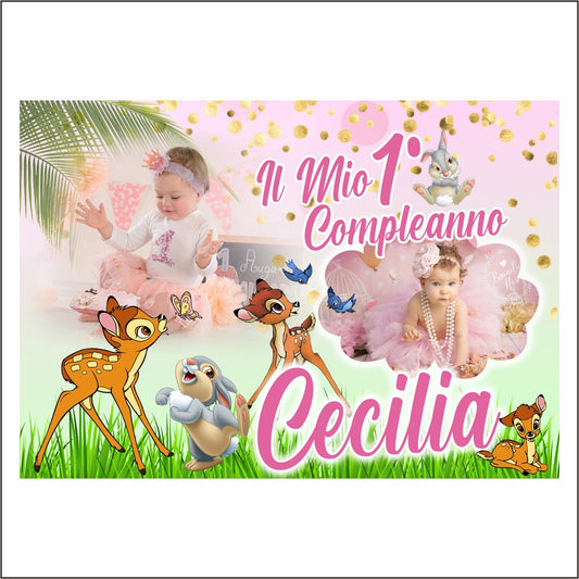 GLOBAL STRISCIONE FONDALE COMPLEANNO - Bambi mod 2 - STRISCIONE PERSONALIZZATO IN CARTA O IN BANNER PVC ANCHE DA ESTERNO GARANZIA 5 ANNI