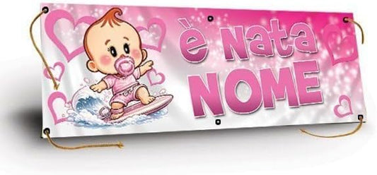 GLOBAL STRISCIONE FONDALE NASCITA - BAMBINA CON SURF - STRISCIONE PERSONALIZZATO IN CARTA O IN BANNER PVC ANCHE DA ESTERNO GARANZIA 5 ANNI