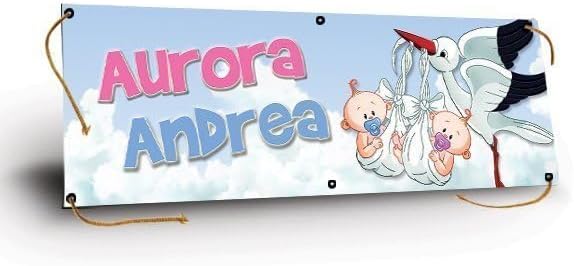 GLOBAL STRISCIONE FONDALE NASCITA -  CICOGNA CON GEMELLI - STRISCIONE PERSONALIZZATO IN CARTA O IN BANNER PVC ANCHE DA ESTERNO GARANZIA 5 ANNI