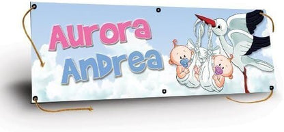 GLOBAL STRISCIONE FONDALE NASCITA -  CICOGNA CON GEMELLI - STRISCIONE PERSONALIZZATO IN CARTA O IN BANNER PVC ANCHE DA ESTERNO GARANZIA 5 ANNI