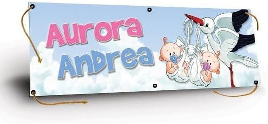 GLOBAL STRISCIONE FONDALE NASCITA -  CICOGNA CON GEMELLI - STRISCIONE PERSONALIZZATO IN CARTA O IN BANNER PVC ANCHE DA ESTERNO GARANZIA 5 ANNI