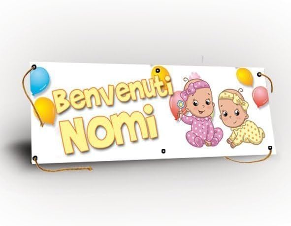 GLOBAL STRISCIONE FONDALE NASCITA -  BENVENUTE GEMELLE - STRISCIONE PERSONALIZZATO IN CARTA O IN BANNER PVC ANCHE DA ESTERNO GARANZIA 5 ANNI