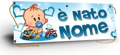 GLOBAL STRISCIONE FONDALE NASCITA -  BAMBINO CON ESCAVATORE E MOTO DA CROSS - STRISCIONE PERSONALIZZATO IN CARTA O IN BANNER PVC ANCHE DA ESTERNO GARANZIA 5 ANNI