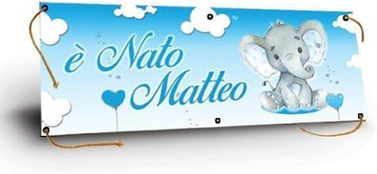 GLOBAL STRISCIONE FONDALE NASCITA -  BAMBINO ELEFANTINO - STRISCIONE PERSONALIZZATO IN CARTA O IN BANNER PVC ANCHE DA ESTERNO GARANZIA 5 ANNI