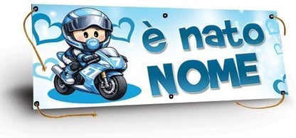 GLOBAL STRISCIONE FONDALE NASCITA -  BAMBINO PILOTA MOTO - STRISCIONE PERSONALIZZATO IN CARTA O IN BANNER PVC ANCHE DA ESTERNO GARANZIA 5 ANNI