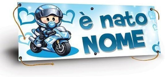 GLOBAL STRISCIONE FONDALE NASCITA -  BAMBINO PILOTA MOTO - STRISCIONE PERSONALIZZATO IN CARTA O IN BANNER PVC ANCHE DA ESTERNO GARANZIA 5 ANNI