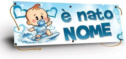 GLOBAL STRISCIONE FONDALE NASCITA -  BAMBINO CON SURF - STRISCIONE PERSONALIZZATO IN CARTA O IN BANNER PVC ANCHE DA ESTERNO GARANZIA 5 ANNI