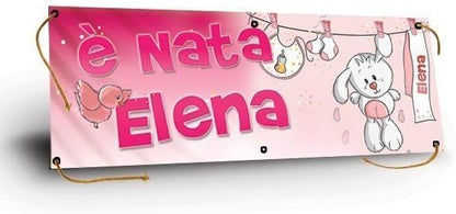 GLOBAL STRISCIONE FONDALE NASCITA - BAMBINA CON CONIGLIETTO - STRISCIONE PERSONALIZZATO IN CARTA O IN BANNER PVC ANCHE DA ESTERNO GARANZIA 5 ANNI