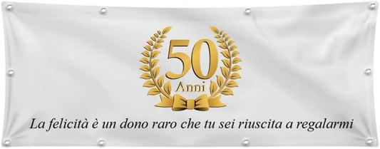 GLOBAL STRISCIONE FONDALE ANNIVERSARIO - NOZZE D'ORO - STRISCIONE PERSONALIZZATO IN CARTA O IN BANNER PVC ANCHE DA ESTERNO GARANZIA 5 ANNI