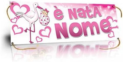 GLOBAL STRISCIONE FONDALE NASCITA - È NATA CICOGNA - STRISCIONE PERSONALIZZATO IN CARTA O IN BANNER PVC ANCHE DA ESTERNO GARANZIA 5 ANNI