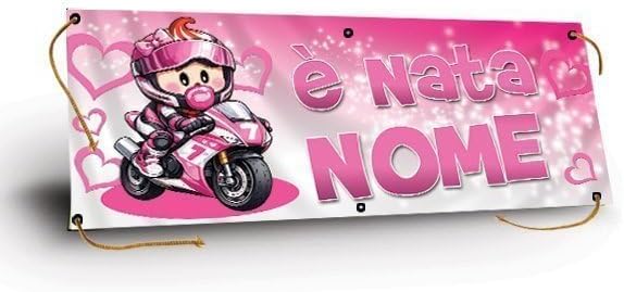 GLOBAL STRISCIONE FONDALE NASCITA - BAMBINA CON MOTO mod2 - STRISCIONE PERSONALIZZATO IN CARTA O IN BANNER PVC ANCHE DA ESTERNO GARANZIA 5 ANNI