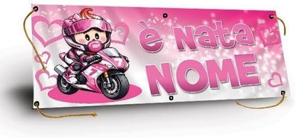 GLOBAL STRISCIONE FONDALE NASCITA - BAMBINA CON MOTO mod2 - STRISCIONE PERSONALIZZATO IN CARTA O IN BANNER PVC ANCHE DA ESTERNO GARANZIA 5 ANNI