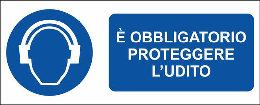 È OBBLIGATORIO PROTEGGERE L'UDITO - CARTELLO SEGNALETICO UNI ISO 7010 in Adesivo Resistente, Pannello in Forex, Pannello In Alluminio