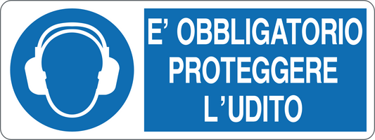 È OBBLIGATORIO PROTEGGERE L'UDITO - CARTELLO SEGNALETICO UNI ISO 7010 in Adesivo, Pannello in Forex, Pannello In Alluminio
