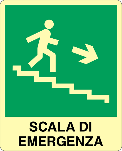 GLOBAL CARTELLO SEGNALETICO LUMINESCENTE - SCALA DI EMERGENZA DISCESA DESTRA - Adesivo Luminescente O Pannello Rigido Luminescente