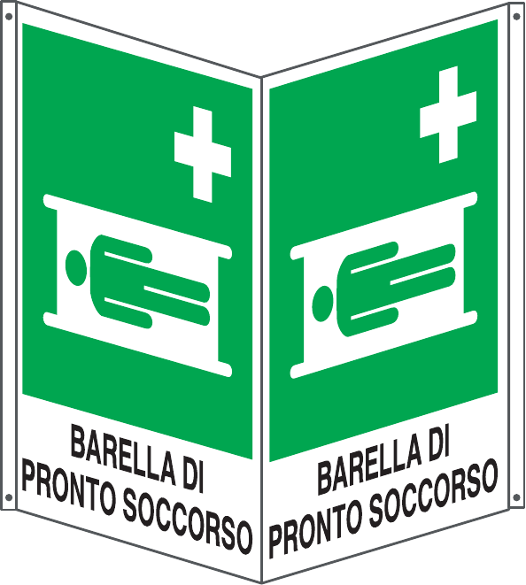GLOBAL CARTELLO SEGNALETICO BIFACCIALE QUADRATO - BARELLA DI PRONTO SOCCORSO - In Alluminio Con Stampa Diretta U.V. (IDEALE ANCHE PER ESTERNO)