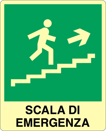 GLOBAL CARTELLO SEGNALETICO LUMINESCENTE - SCALA DI EMERGENZA SALITA DESTRA - Adesivo Luminescente O Pannello Rigido Luminescente