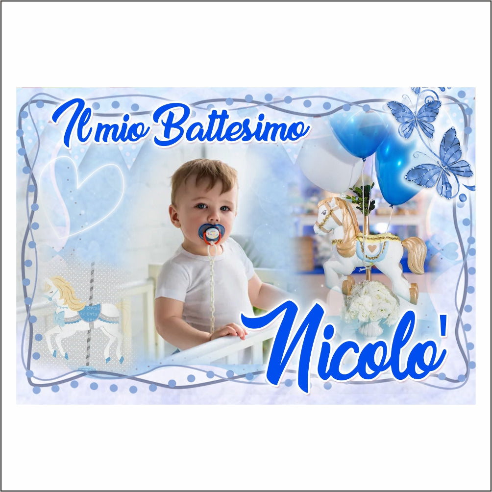 GLOBAL STRISCIONE FONDALE BATTESIMO - Battesimo Blue - STRISCIONE PERSONALIZZATO IN CARTA O IN BANNER PVC ANCHE DA ESTERNO GARANZIA 5 ANNI