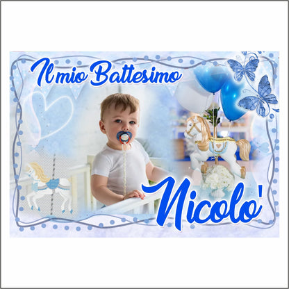 GLOBAL STRISCIONE FONDALE BATTESIMO - Battesimo Blue - STRISCIONE PERSONALIZZATO IN CARTA O IN BANNER PVC ANCHE DA ESTERNO GARANZIA 5 ANNI