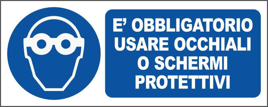 È OBBLIGATORIO USARE OCCHIALI O SCHERMI PROTETTIVI - CARTELLO SEGNALETICO UNI ISO 7010 in Adesivo Resistente, Pannello in Forex, Pannello In Alluminio