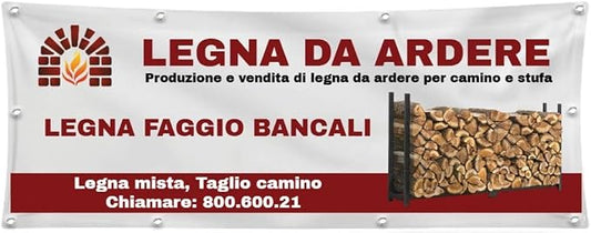 GLOBAL STRISCIONE FONDALE  ATTIVITÀ - LEGNA DA ARDERE - STRISCIONE PERSONALIZZATO IN CARTA O IN BANNER PVC ANCHE DA ESTERNO GARANZIA 5 ANNI