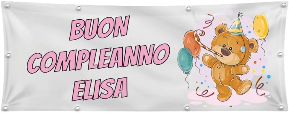 GLOBAL STRISCIONE FONDALE COMPLEANNO - BUON COMPLEANNO ORSO - STRISCIONE PERSONALIZZATO IN CARTA O IN BANNER PVC ANCHE DA ESTERNO GARANZIA 5 ANNI