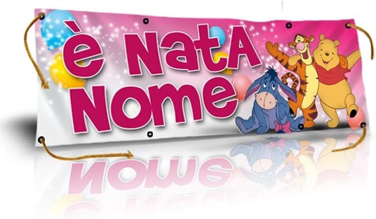 GLOBAL STRISCIONE FONDALE NASCITA - BAMBINA WINNIE THE POOH - STRISCIONE PERSONALIZZATO IN CARTA O IN BANNER PVC ANCHE DA ESTERNO GARANZIA 5 ANNI