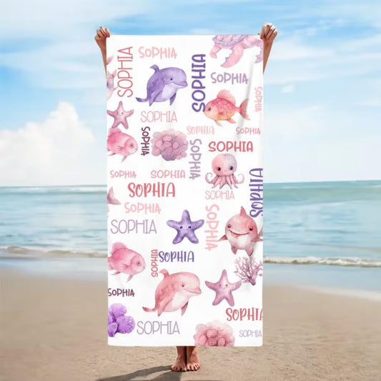 Vestin Telo da spiaggia personalizzato - PESCI CON NOME ROSA - con Nome personalizzato - asciugamano da bagno asciugamano da piscina asciugamano da spiaggia per vacanze