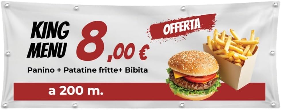 GLOBAL STRISCIONE FONDALE  ATTIVITÀ - OFFERTA FAST FOOD - STRISCIONE PERSONALIZZATO IN CARTA O IN BANNER PVC ANCHE DA ESTERNO GARANZIA 5 ANNI