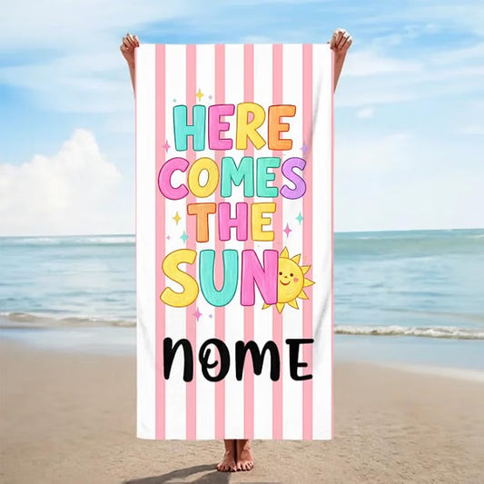 Vestin Telo da spiaggia personalizzato - HERE COMES THE SUN - con Nome personalizzato - asciugamano da bagno asciugamano da piscina asciugamano da spiaggia per vacanze