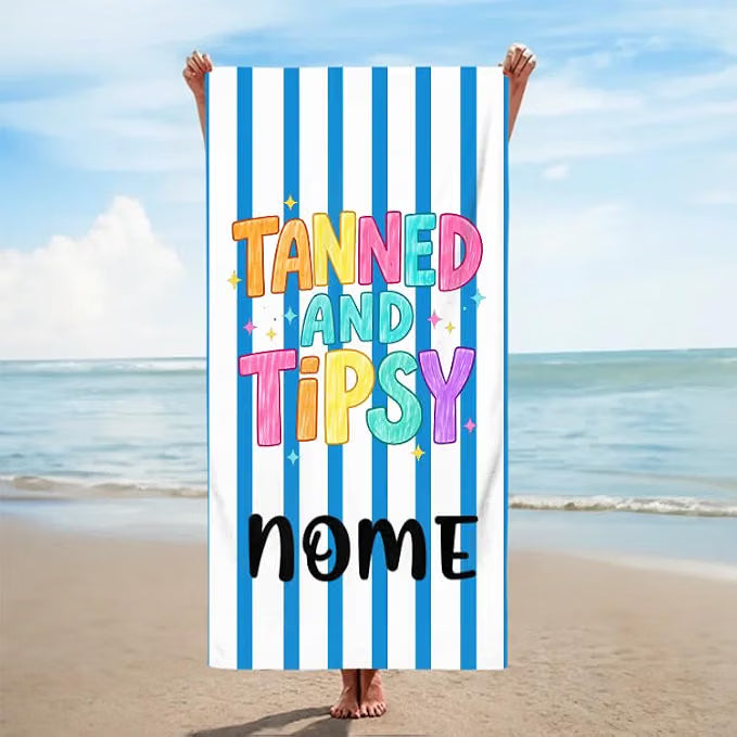 Vestin Telo da spiaggia personalizzato - TANNED AND TIPSY - con Nome personalizzato - asciugamano da bagno asciugamano da piscina asciugamano da spiaggia per vacanze