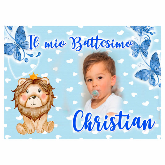 GLOBAL STRISCIONE FONDALE BATTESIMO - Battesimo Leoncino - STRISCIONE PERSONALIZZATO IN CARTA O IN BANNER PVC ANCHE DA ESTERNO GARANZIA 5 ANNI