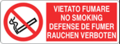 VIETATO FUMARE - 4 lingue - CARTELLO SEGNALETICO UNI ISO 7010 in Adesivo, Pannello in Forex, Pannello In Alluminio