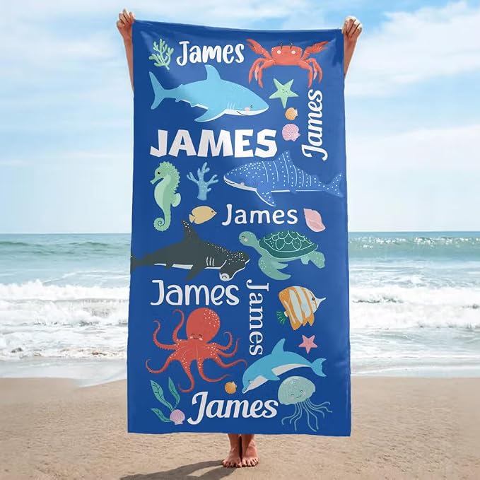 Vestin Telo da spiaggia personalizzato - ANIMALI MARINI CON NOME MOD2 - con Nome personalizzato - asciugamano da bagno asciugamano da piscina asciugamano da spiaggia per vacanze
