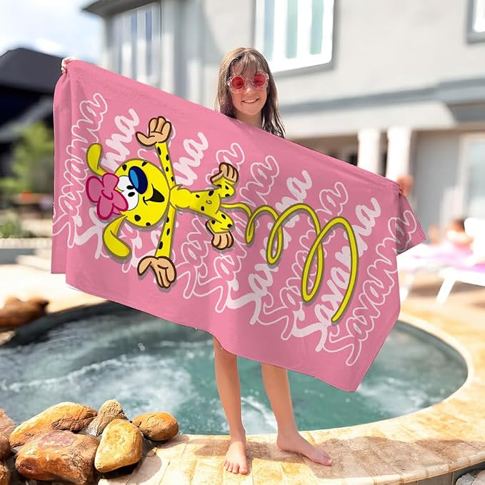 Vestin Telo da spiaggia personalizzato - ANIMALETTO FELICE CON NOME DIETRO - con Nome personalizzato - asciugamano da bagno asciugamano da piscina asciugamano da spiaggia per vacanze