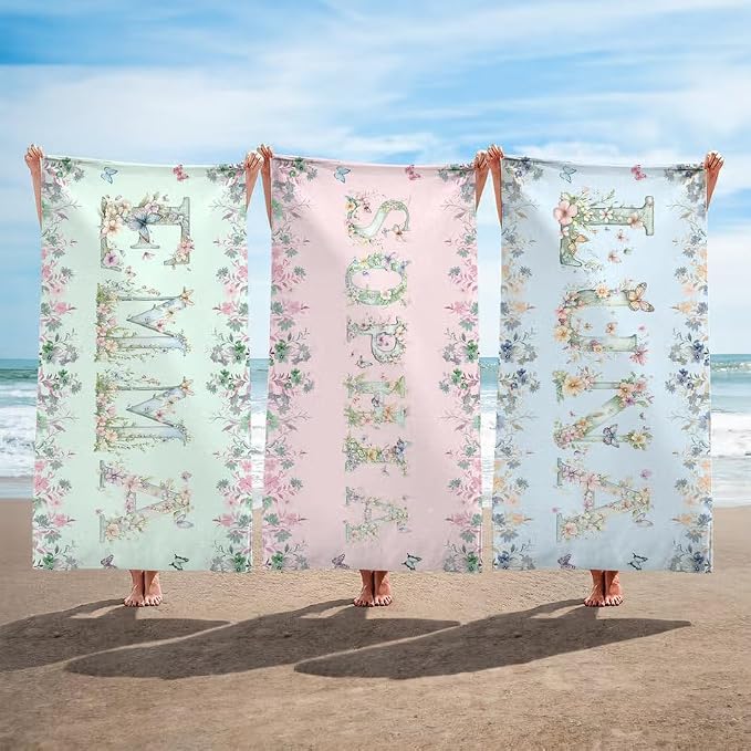 Vestin Telo da spiaggia personalizzato - FIORI E FARFALLE - con Nome personalizzato - asciugamano da bagno asciugamano da piscina asciugamano da spiaggia per vacanze